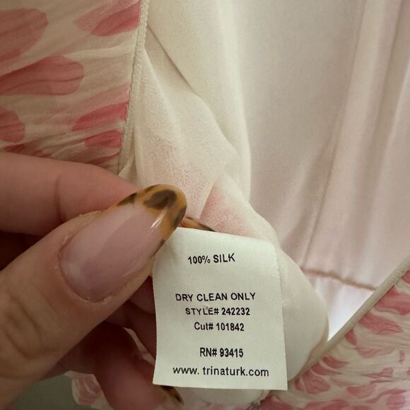 Vintage Y2K Silk Trina Turk Midi Dress Polka Dot Ruched Flowy Sz 6 in White Pink - Picture 7 of 7